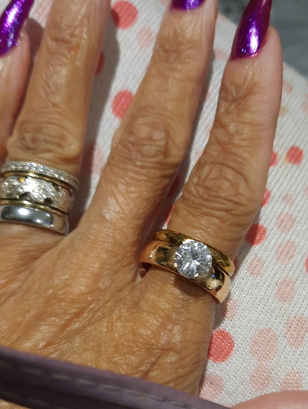 Rose Gold Stainless Steel Solitaire CZ Wide Band & Diamond Cut Ring Comfort Fit